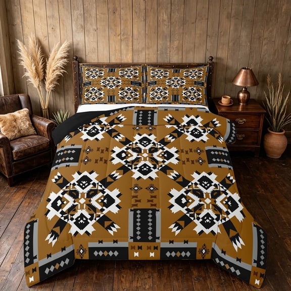 Manfei Aztec Tribal Queen Comforter Set, Geometric Diamond Comforter Sets Queen, Brown Black, Black Reversible 3-Piece, 1 Comforter and 2 Pillowcases
