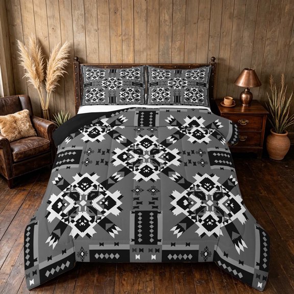 Manfei Aztec Tribal Queen Comforter Set, Geometric Diamond Comforter Sets Queen, Gray Black White, Black Reversible 3pcs, 1 Comforter and 2 Pillowcases