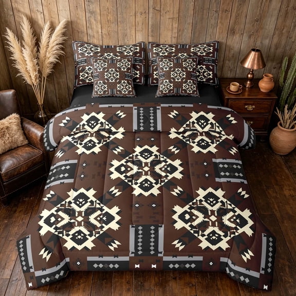 Manfei Aztec Tribal Twin Bedding, Geometric Diamond Bedding Comforter Set, Black Brown, Black Reversible 7pcs