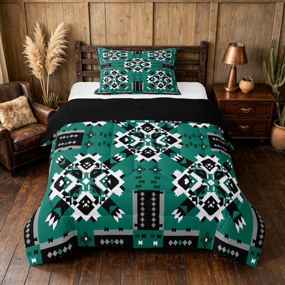 Manfei Aztec Tribal Twin Comforter Sets, Geometric Diamond Bedding Set, Teal Black Cream, Black Reversible 2pcs, 1 Comforter and 1 Pillowcase