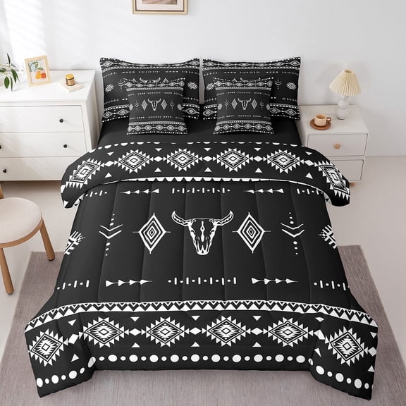 Feelyou Aztec Twin Bedding Sets 7-Piece for Adult, Rustic Animal Skull Bedding Comforter Set, Western Tribal Hippie Sheet Sets, Breathable Bedroom Decor