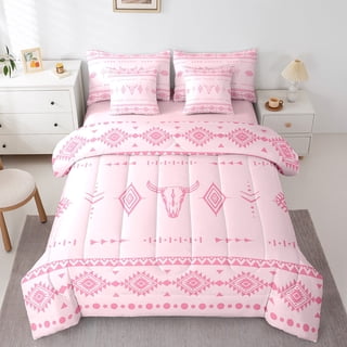 Feelyou Aztec Twin Bedding Sets 7-Piece for Adult, Pink Boho Triangle Bedding Comforter Set, Western Tribal Mandala Sheet Sets, Breathable Room Decor