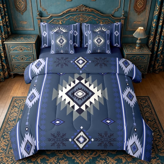 Manfei Aztec Twin Bedding Sets 7pcs,Boho bohemian Print Bedding Comforter Set 7pcs,Bule Retro Geometric Sheet Sets,Ultra Soft Bedroom Decor Reversible