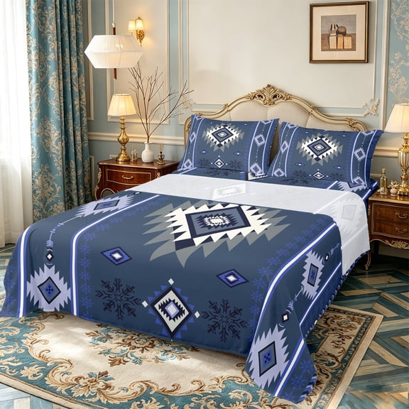 Manfei Aztec Twin Sheet Sets,Boho bohemian Print Twin Fitted Sheet,Bule Retro Geometric Flat Sheet,Ultra Soft Bedroom Decor,3pcs