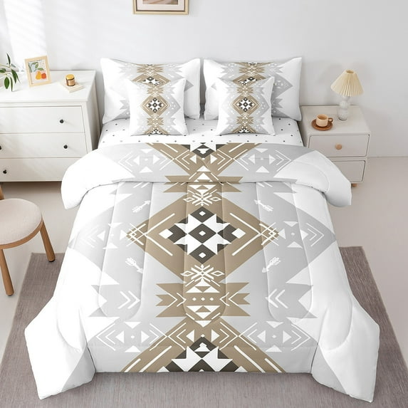 Manfei Aztec Vintage Geometric Bedding Comforter Set 7-Piece,Boho Bohemain Print King Bedding Sets,Gray Retro Geometry Bed Sheets,Ultra Soft Bedroom Decor Reversible