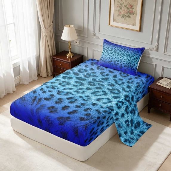 Azural Blue Manfei Azure Twin Sheets, Fluffy Blue Leopard Bedding 3-Piece (1 Flat ...