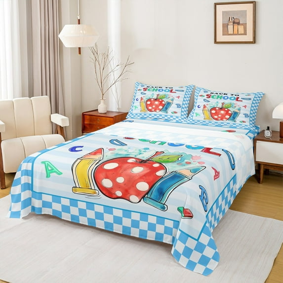 Manfei Back to School Twin Sheet Sets, Kawaii Cartoon Buffalo Twin Fitted Sheet, Watercolor Fruit Pencil Flat Sheet, Ultra Soft Home Decor, 3pcs