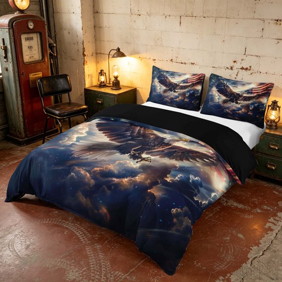 Manfei Bald Eagle Bedding, US Flag Duvet Cover Full, Red White Blue, Black Reversible 3pcs, 1 Duvet Cover and 2 Pillowcases