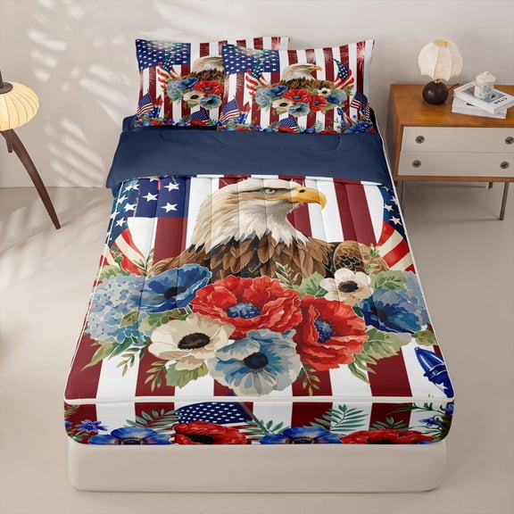 Manfei Bald Eagle Flag Zipper Full Size Comforter Sets with Fitted Sheet and 2 Pillowcases,Flower Stars Zipper Bedding Set,Red Navy,Navy Blue Reversible,4pcs