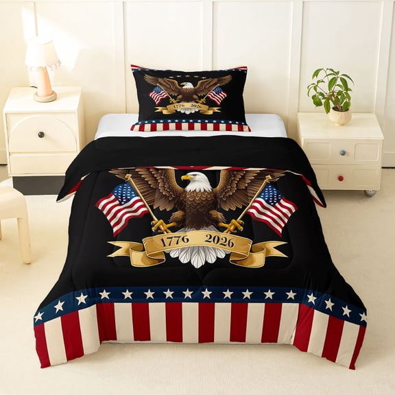 Manfei Bald Eagle Us Flag Twin Comforter Sets,Red Stripes Bedding Set,Black,Black Reversible,2pcs,1 Comforter and 1 Pillowcase