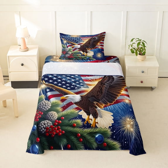Manfei Bald Eagle Us Flag Twin Sheets,Patriotic Holiday Firework Bedding,Blue Brown Green,3 Pieces,1 Fitted Sheet and 1 Pillowcase
