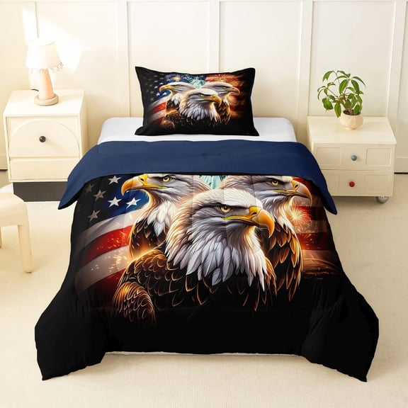 Manfei Bald Eagle Usa Flag Twin Comforter Sets,Black Gold Bedding Set,Navy Blue Reversible,2pcs,1 Comforter and 1 Pillowcase