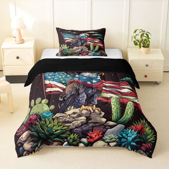 Manfei Bald Eagle Usa Flag Twin Comforter Sets,Tropical Botanical Cactus Bedding Set,Multicolor,Black Reversible,2 Pieces,1 Comforter and 1 Pillowcase