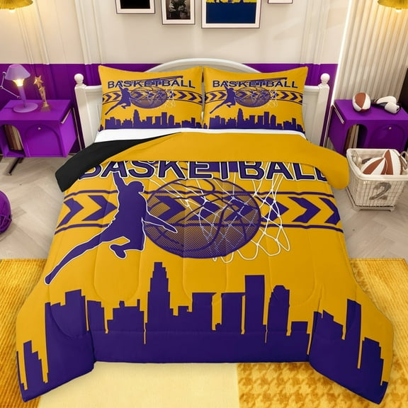 Manfei Ball Game Sports Queen Comforter Set for Kids, Gold Purple Cartoon Bedding Sets, Eat Sleep Basketball Reversible Bedding Comforter Set, Lightweight Room Decor, 3pcs