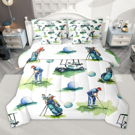 Manfei Ball Gamer Golf 7pcs Bedding Comforter Set for Children Boys Men,Watercolor Splash Queen Bedding Sets Super Cozy,Sport Theme Queen Sheet Sets,Lightweight Room Decor,Reversible