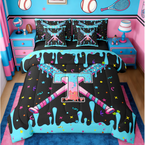 Manfei Ball Games 7-Piece Twin Bedding Sets,Baseball Ice Cream Bedding Comforter Set For Monogrammed T Lover Reversible