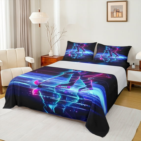 Manfei Ball Sport Lover Twin Sheet Sets,Ice Hockey Twin Fitted Sheet,Purple Black Flat Sheet For Boys Kids,Luxury Bedroom Decor,3-Piece