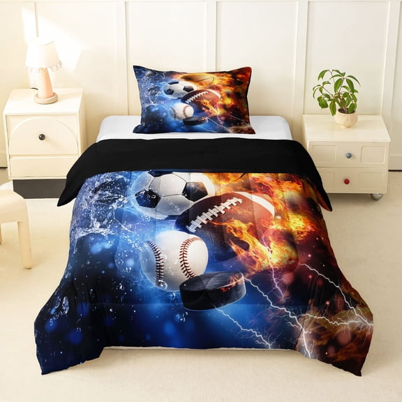 Manfei Ball Sports Twin Comforter Sets For Boys,Football Basketball Rugby Bedding Set,Multicolor Black,Black Reversible,2pcs,1 Comforter and 1 Pillowcase