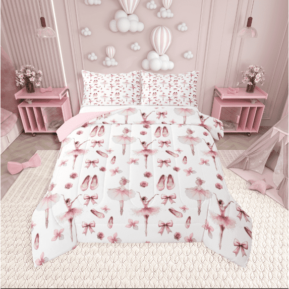 Manfei Ballet Dance 3-Piece Full Size Comforter Sets,Pink Bow Bedding Comforter Set,Dreamy Princess Bedding Sets,Microfiber Flower Bedroom Decoration,Reversible