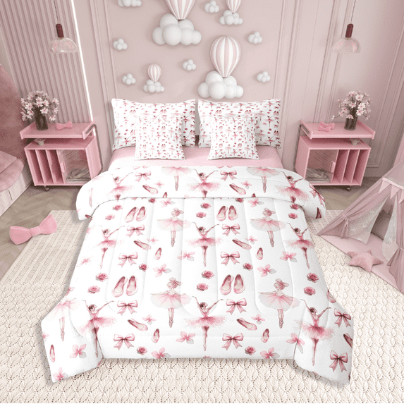 Manfei Ballet Dance 7-Piece Bedding Comforter Set,Pink Bow King Bedding Sets,Dreamy Princess Ultra Soft Bed Sheets,Microfiber Flower Bedroom Decoration,Reversible