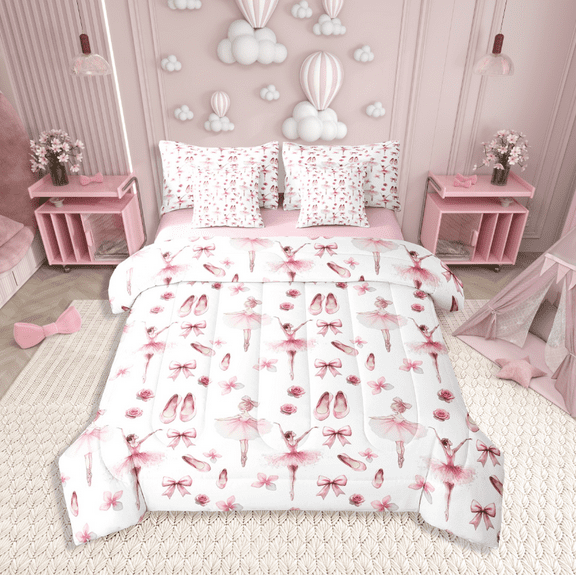 Manfei Ballet Dance 7-Piece Twin Bedding Sets,Pink Bow Bedding Comforter Set,Dreamy Princess Breathable Sheet Sets,Microfiber Flower Bedroom Decoration,Reversible