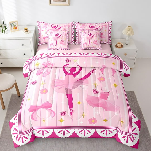 Manfei Ballet Girl Bedding Sets Twin Size,Pink Bowknot Bow Comforter Sets with Sheets,Retro Flower Floral Bed in a Bag Twin Size For Princess,Breathable Room Decorative Reversible,7-Piece