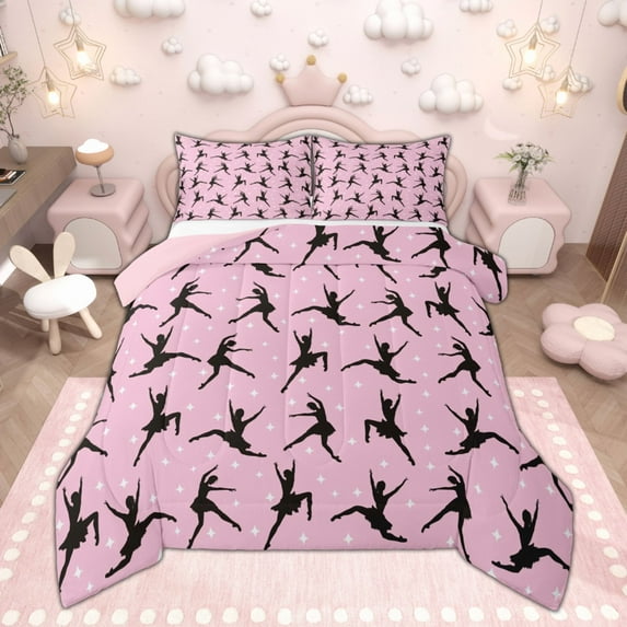 Manfei Ballet Girl Full Size Comforter Sets, Ballerina Silhouette Bedding Comforter Set, Sparkle Stars Bedding Sets, Pink Room Decor Reversible 3pcs