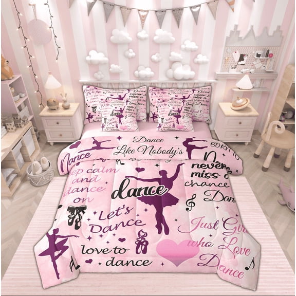 Manfei Ballet Princess Bed in a Bag Twin size, Positive Words Bed Set, Cartoon Theme Reversible Bedding Twin Size, Lightweight Room Decorative, 7pcs