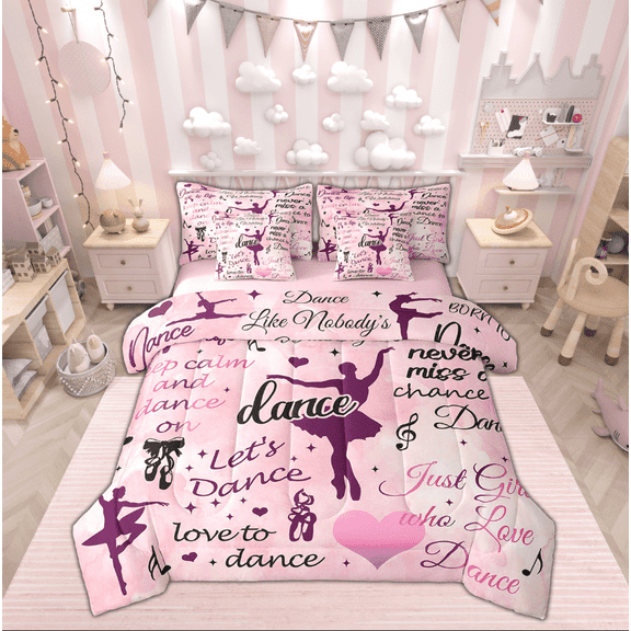 Manfei Ballet Princess Bedding Sets Queen Size, Positive Words Bed in a Bag Queen size, Cartoon Theme Reversible Comforter Sets with Sheets, Lightweight Room Decorative, 7pcs