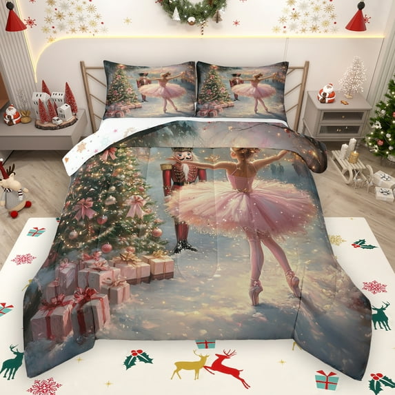 Manfei Ballet Princess Full Size Comforter Sets,Vintage Xmas Nutcracker Bedding Comforter Set,Christmas Gifts Bedding Sets For Girls Teens,Ultra Soft Home Decor Reversible,3-Piece