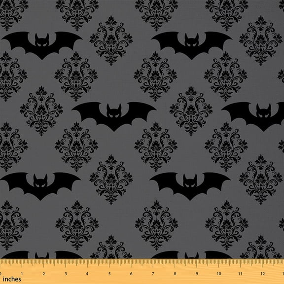 Manfei Baroque Damask Fabric by the Yard (3 Yards), Halloween Bat Decorative Fabric by the Yard, Black Gray