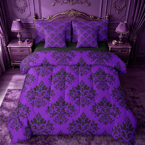 Manfei Baroque Damask Flowers 7-Piece Bedding Comforter Set,Rustic Victorian Floral King Bedding Sets,Purple Black Bed Sheets For Adult,Luxury Bedroom Decor Reversible