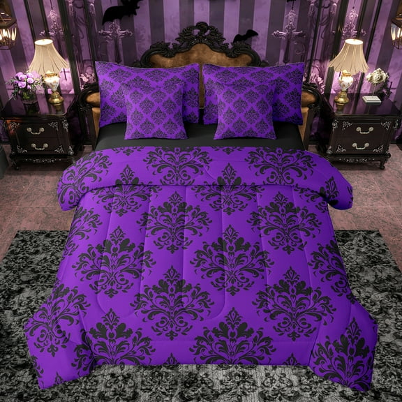 Manfei Baroque Damask Flowers 7-Piece Bedding Comforter Set,Rustic Victorian Floral King Bedding Sets,Purple Black Bed Sheets For Adult,Luxury Bedroom Decor Reversible