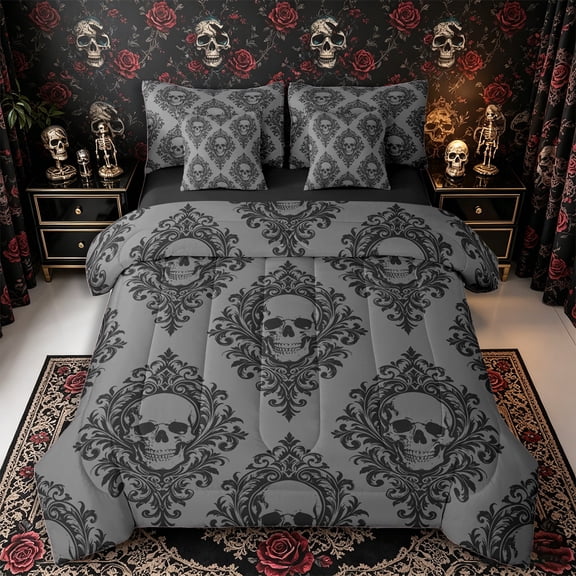 Manfei Baroque Damask Skull King Bedding 7pcs, Victorian Floral Halloween Gothic King Bed in a Bag, Gray Black,Black Reversible