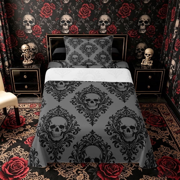 Manfei Baroque Damask Skull Twin Sheets 3pcs, Victorian Floral Halloween Gothic Bedding, Gray Black,1 Fitted Sheet, 1 Flat Sheet and 1 Pillowcase