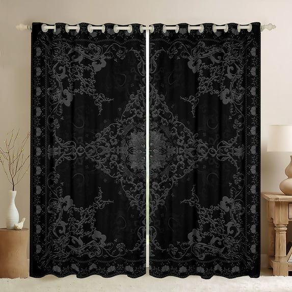 Manfei Baroque Floral Black Out Curtains,Vintage Gothic Theme Curtains Pack of 2 (42x63 Each),Black Gray Bedroom Curtains For Boys Kids,Super Cozy Room Decor
