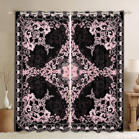 Manfei Baroque Floral Black Out Curtains,Vintage Gothic Theme Curtains Pack of 2 (42x63 Each),Black Pink Bedroom Curtains For Boys Kids,Super Cozy Room Decor