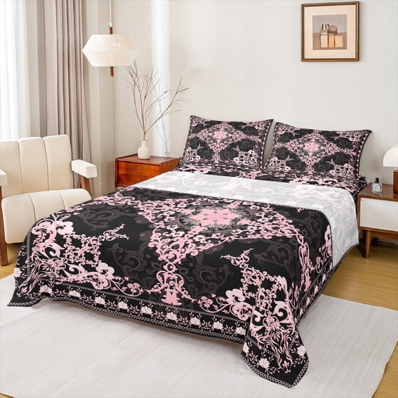 Manfei Baroque Floral Queen Sheet Sets,Vintage Gothic Theme Flat Sheet,Black Pink Queen Fitted Sheet For Boys Kids,Super Cozy Room Decor,4 Pieces