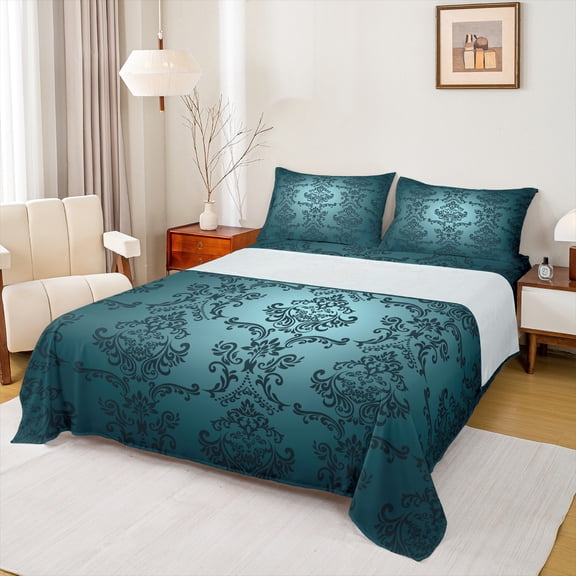 Manfei Baroque Floral Twin Sheet Sets,Damask Flower Print Twin Fitted Sheet,Cyan Black Flat Sheet For Adults,Ultra Soft Bedroom Decoration,3-Piece
