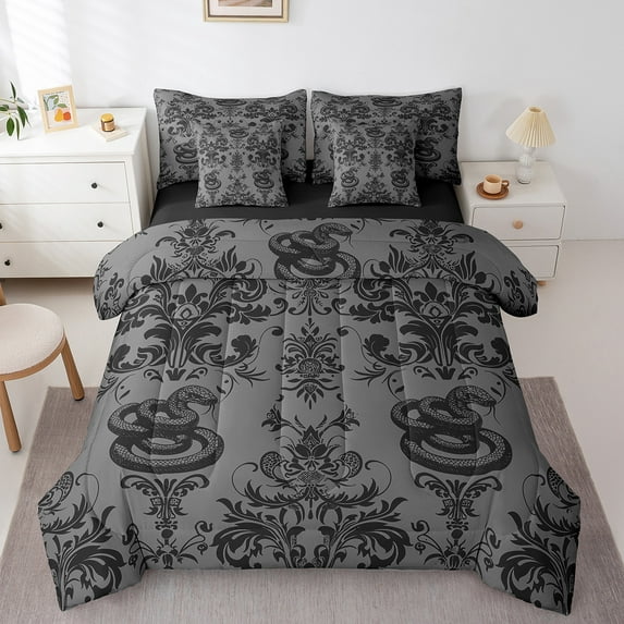 Manfei Baroque Gothic Theme Bedding Comforter Set 7-Piece,Black Damask Print King Bedding Sets,Wild Animal Snake Bed Sheets For Adults,Ultra Soft Bedroom Decoration Reversible