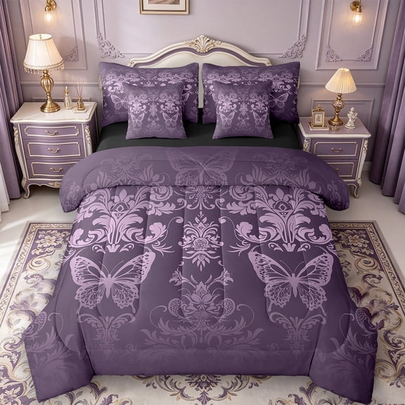 Manfei Baroque Gothic Theme Bedding Comforter Set 7 Pieces,Damask Print King Bedding Sets,Purple Cute Butterfly Bed Sheets For Adults,Ultra Soft Bedroom Decoration Reversible