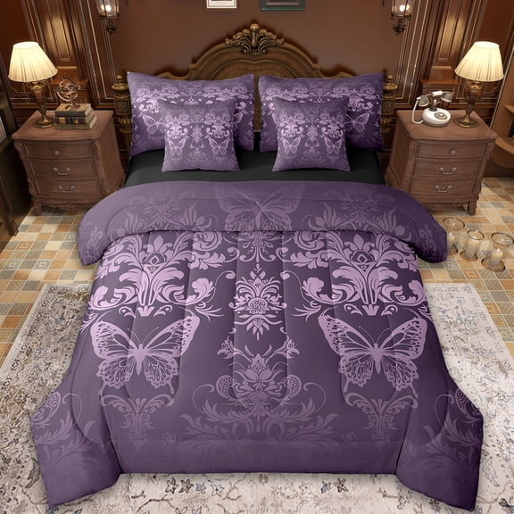 Manfei Baroque Gothic Theme Bedding Comforter Set 7 Pieces,Damask Print King Bedding Sets,Purple Cute Butterfly Bed Sheets For Adults,Ultra Soft Bedroom Decoration Reversible