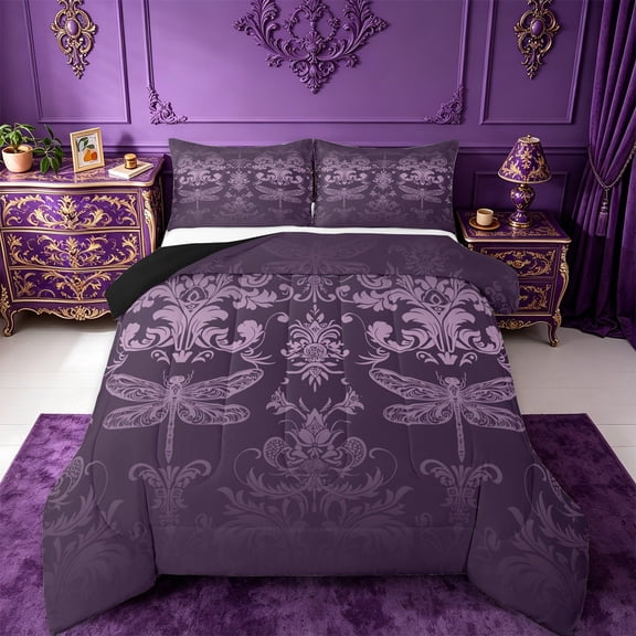 Manfei Baroque Gothic Theme Bedding Comforter Set,Damask Print Twin Comforter Sets,Insect Animal Dragonfly Bedding Set For Adults,Ultra Soft Bedroom Decoration Reversible,2pcs