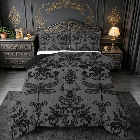 Manfei Baroque Gothic Theme Bedding Comforter Set,Gray Damask Print Twin Comforter Sets,Insect Animal Dragonfly Bedding Set For Adults,Ultra Soft Bedroom Decoration Reversible,2pcs