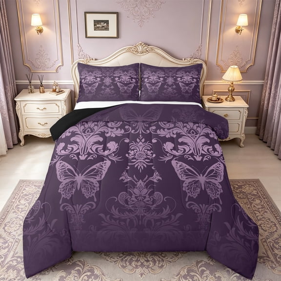 Manfei Baroque Gothic Theme Full Size Comforter Sets,Damask Print Bedding Comforter Set,Purple Cute Butterfly Bedding Sets For Adults,Ultra Soft Bedroom Decoration Reversible,3pcs