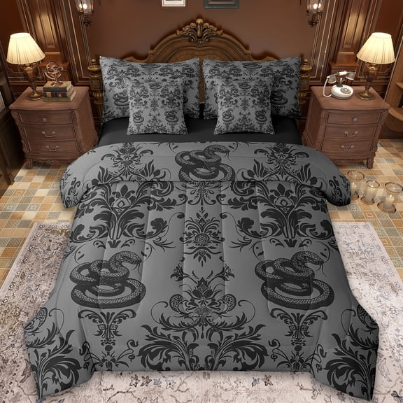 Manfei Baroque Gothic Theme Twin Bedding Sets 7-Piece,Black Damask Print Bedding Comforter Set 7-Piece,Wild Animal Snake Sheet Sets For Adults,Ultra Soft Bedroom Decoration Reversible