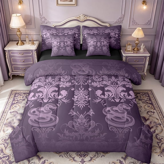 Manfei Baroque Gothic Theme Twin Bedding Sets 7-Piece,Damask Print Bedding Comforter Set 7-Piece,Jungle Animal Snake Sheet Sets For Adults,Ultra Soft Bedroom Decoration Reversible