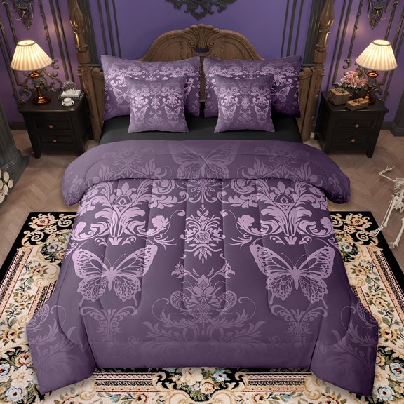 Manfei Baroque Gothic Theme Twin Bedding Sets 7 Pieces,Damask Print Bedding Comforter Set 7 Pieces,Purple Cute Butterfly Sheet Sets For Adults,Ultra Soft Bedroom Decoration Reversible