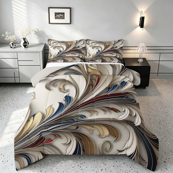 Manfei Baroque Scroll Full Size Comforter Sets, Embossed Bedding Comforter Set, Gold Blue, Gray Reversible 3pcs, 1 Comforter and 2 Pillowcases