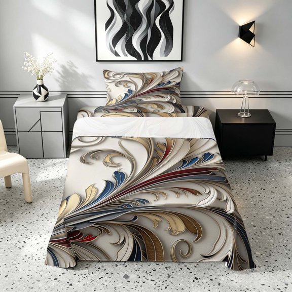 Manfei Baroque Scroll Twin Sheets, Embossed Bedding, Gold Blue, Gray Reversible 3pcs1 Flat Sheet + 1 Fitted Sheet + 1 Pillowcase